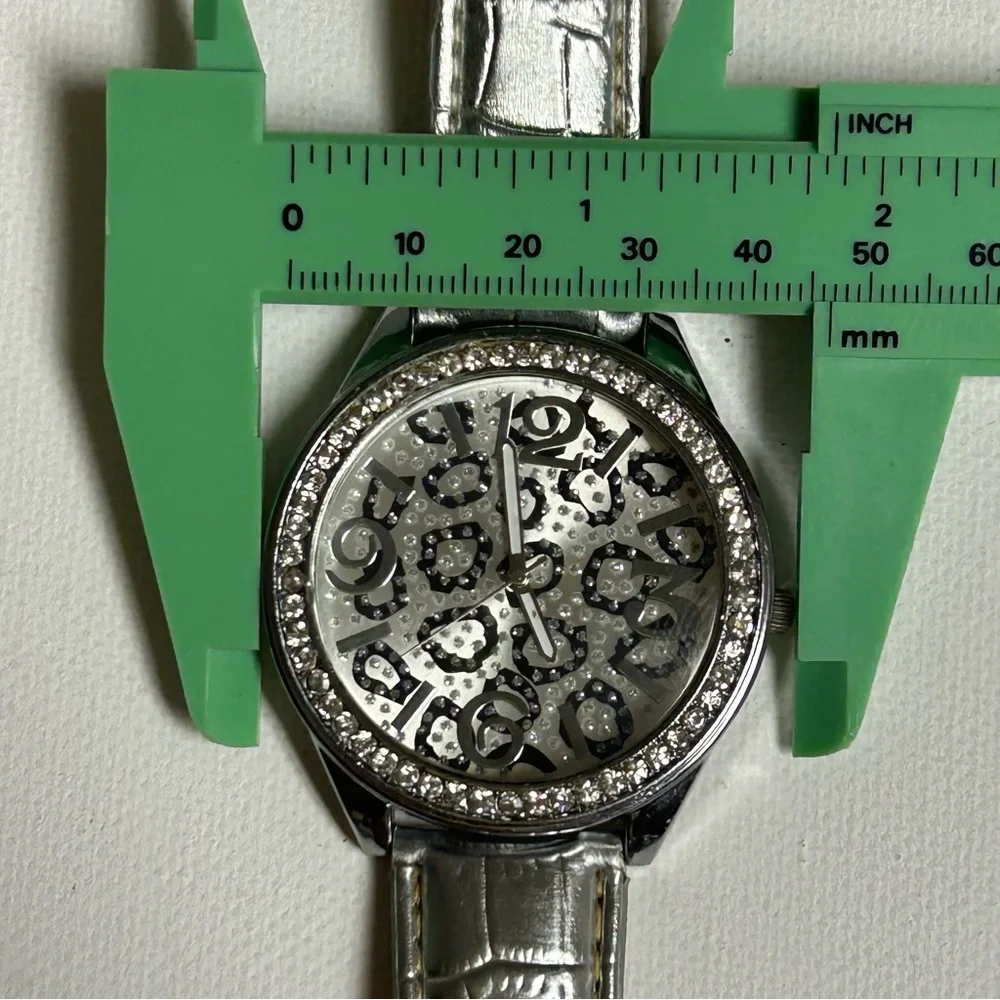 Silver Tone Leopard Print Watch with Rhinestones
